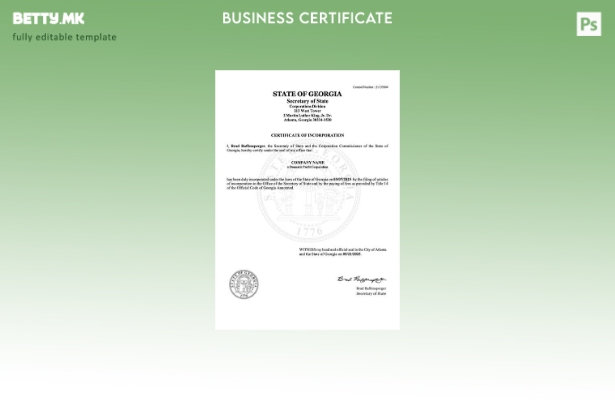 модерен стил САД Џорџија сертификат за инкорпорација Шаблон за Word и PDF